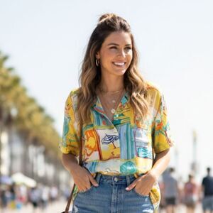 Vintage Button Down Tropical Shirt Patchwork Yellow Rayon Beach Women sz 22W